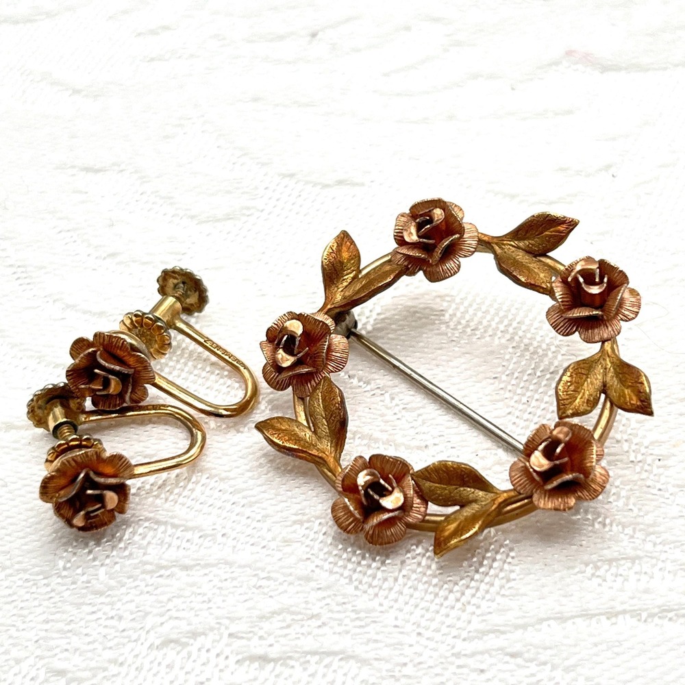 Vintage Krementz Copper Rose Gold Tone Floral Wreath Pin & Screw Back Earrings